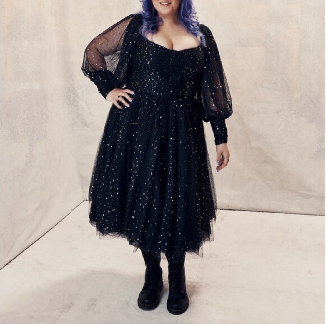 Teuta Matoshi Black Starry Night Dress - Custom MIDI Length, Approx. Size 14