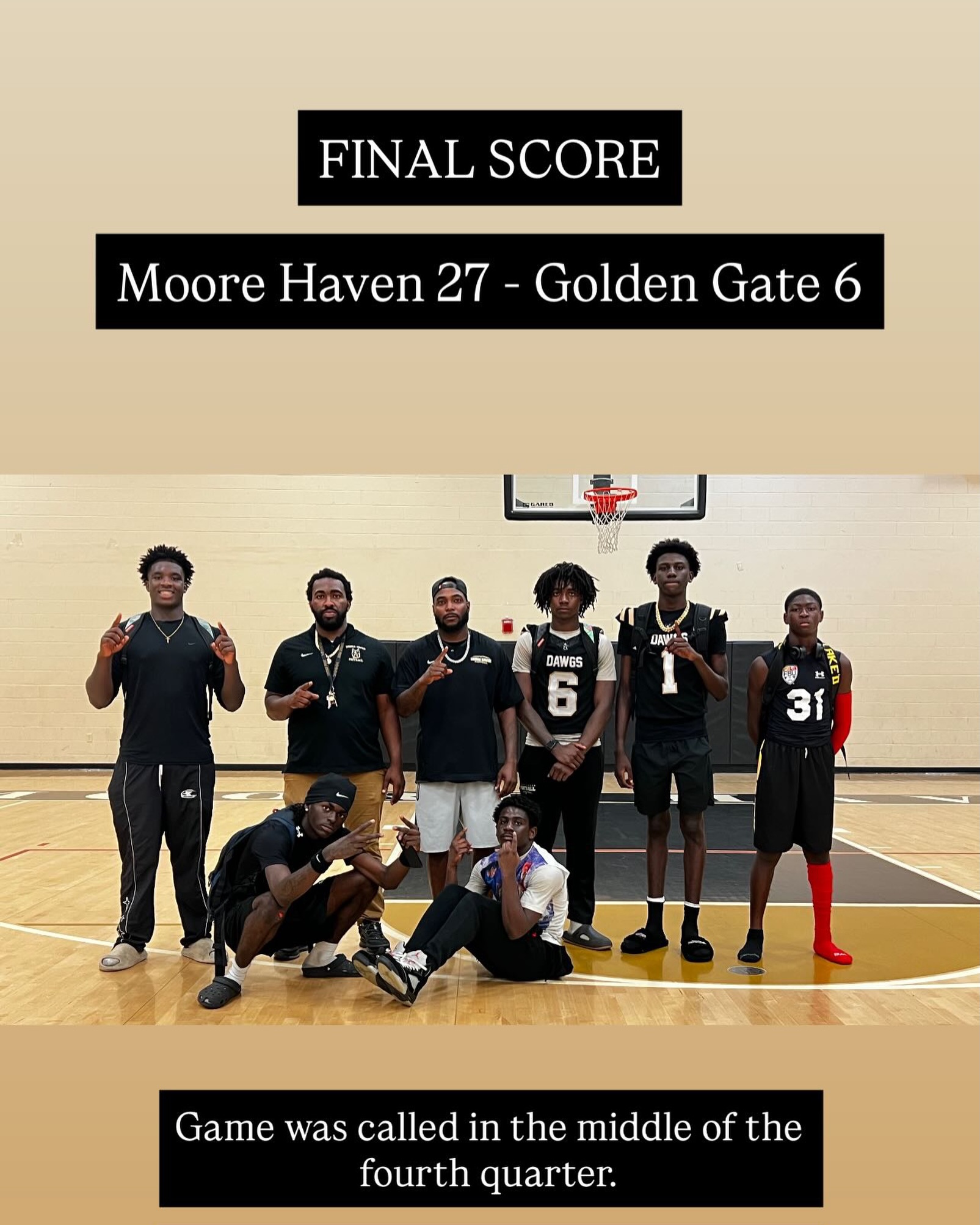 Naji - Early wrap up: Game was called in middle of fourth quarter FINAL SCORE Moore Haven Terrier Athletics - 27 Golden Gate High School