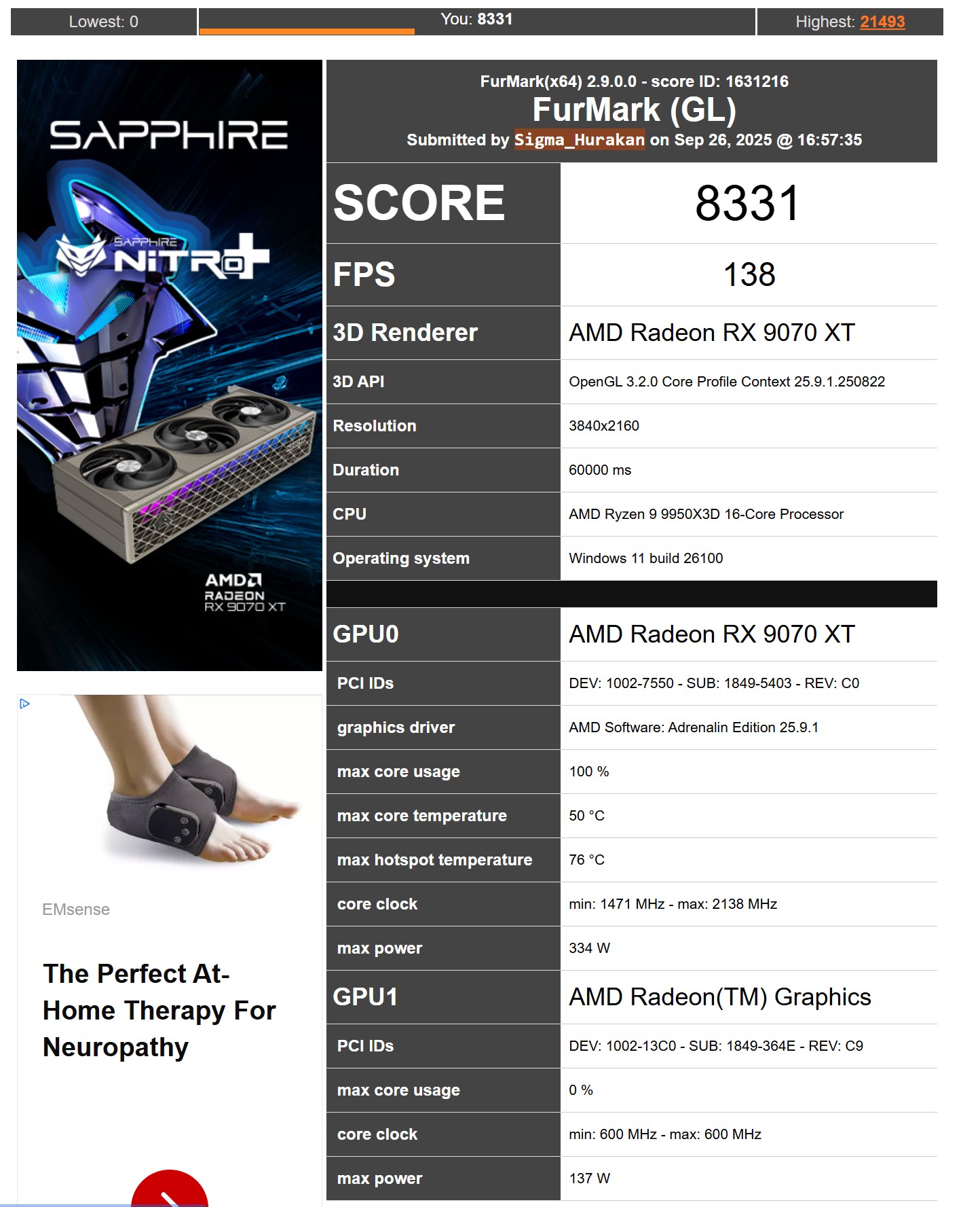 Overclocking 9070xt with furmark results