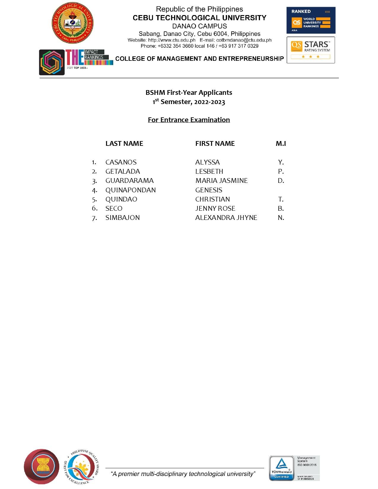 Admission Updates Additional BSHM 1st-year applicants completed their ...