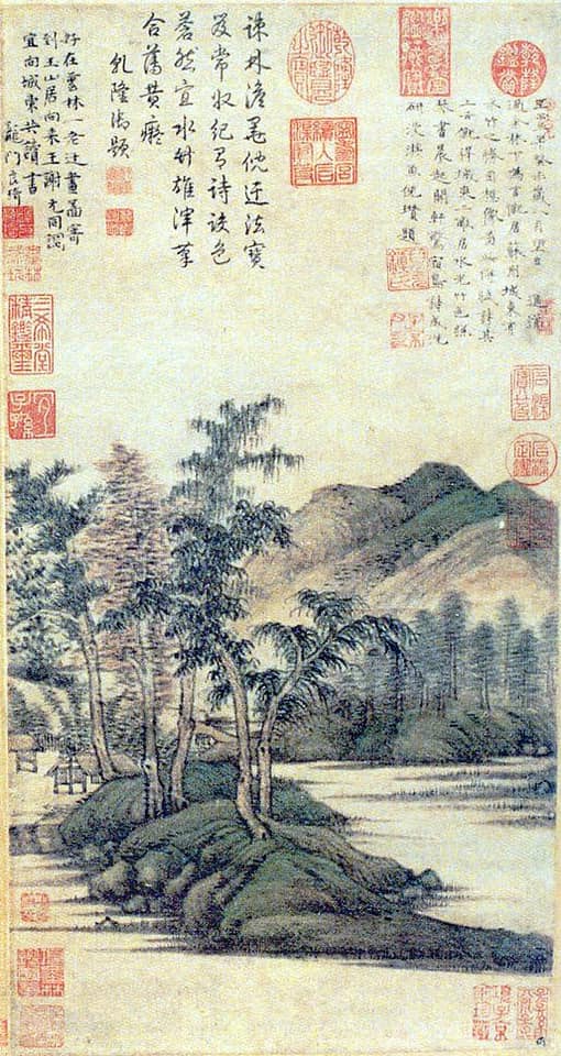 Painting by Ni Zan 倪瓒(1301–1374)- Water and Bamboo Dwelling 水竹居图