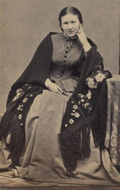 1860s day dress with shawl 1862 Wood Engraving Victorian Mantelet Isabelle Godey's Fashion  Period Paper Historic Art LLC a historical reenactor 1860s day dress with shawl