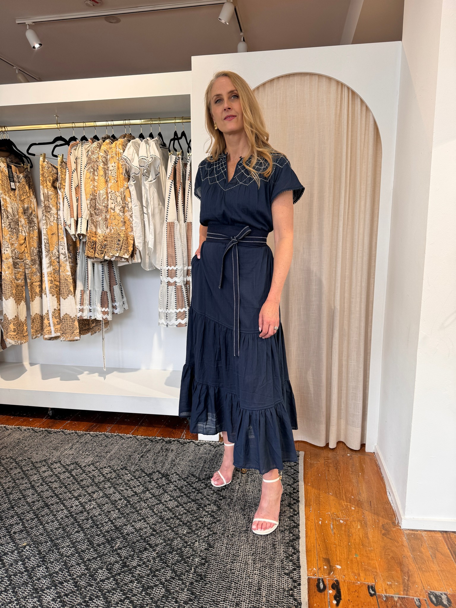 Director & Head Designer of OnceWas, Belinda Abbott, wearing the St Lucia Dress 🖤 Curated from the softest cotton, Belinda's look is now available in our End of Season Sale > https://oncewas.com.au/collections/shop-dresses/products/st-lucia-cotton 