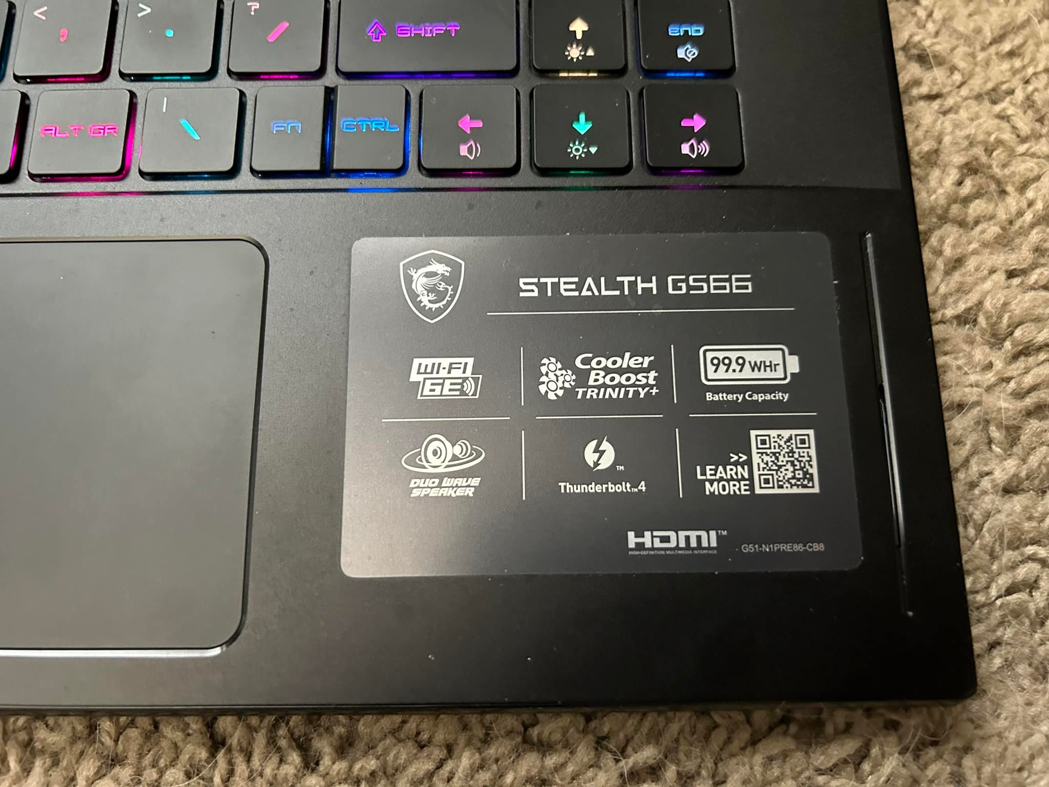 Used MSI GS66 Stealth 10SGS Laptop: I9-10980HK, 32GB RAM, 1TB SSD, RTX 2080 Super – NO OS/CHARGER