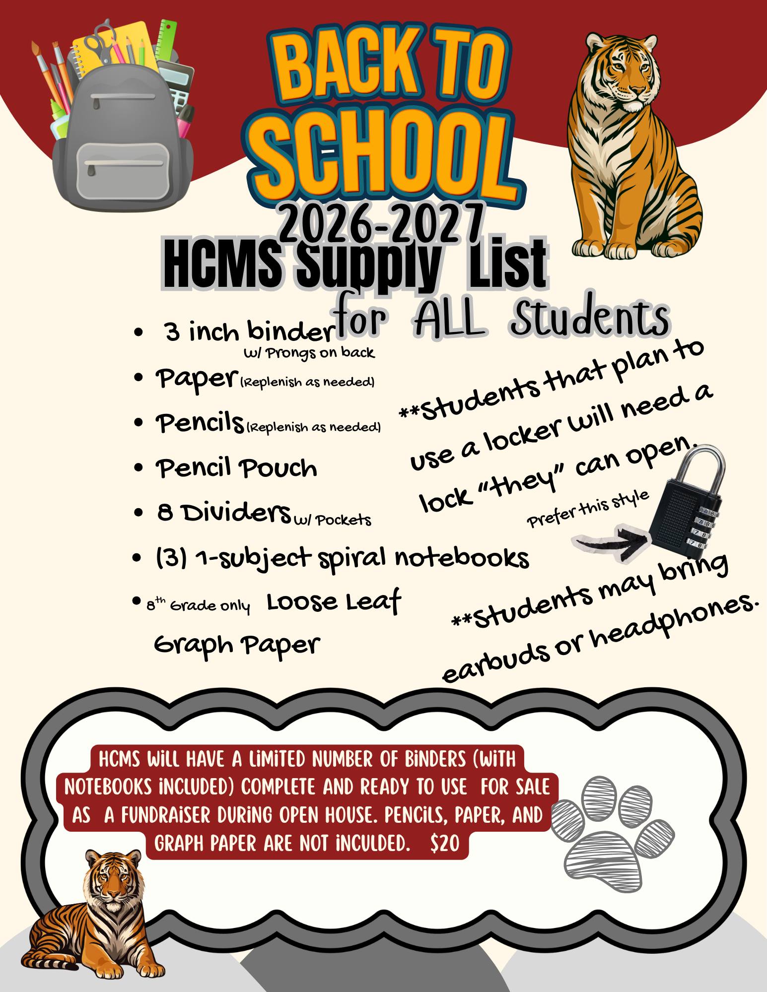 M Morris Middle School 6th grade supply list for 2026-2027