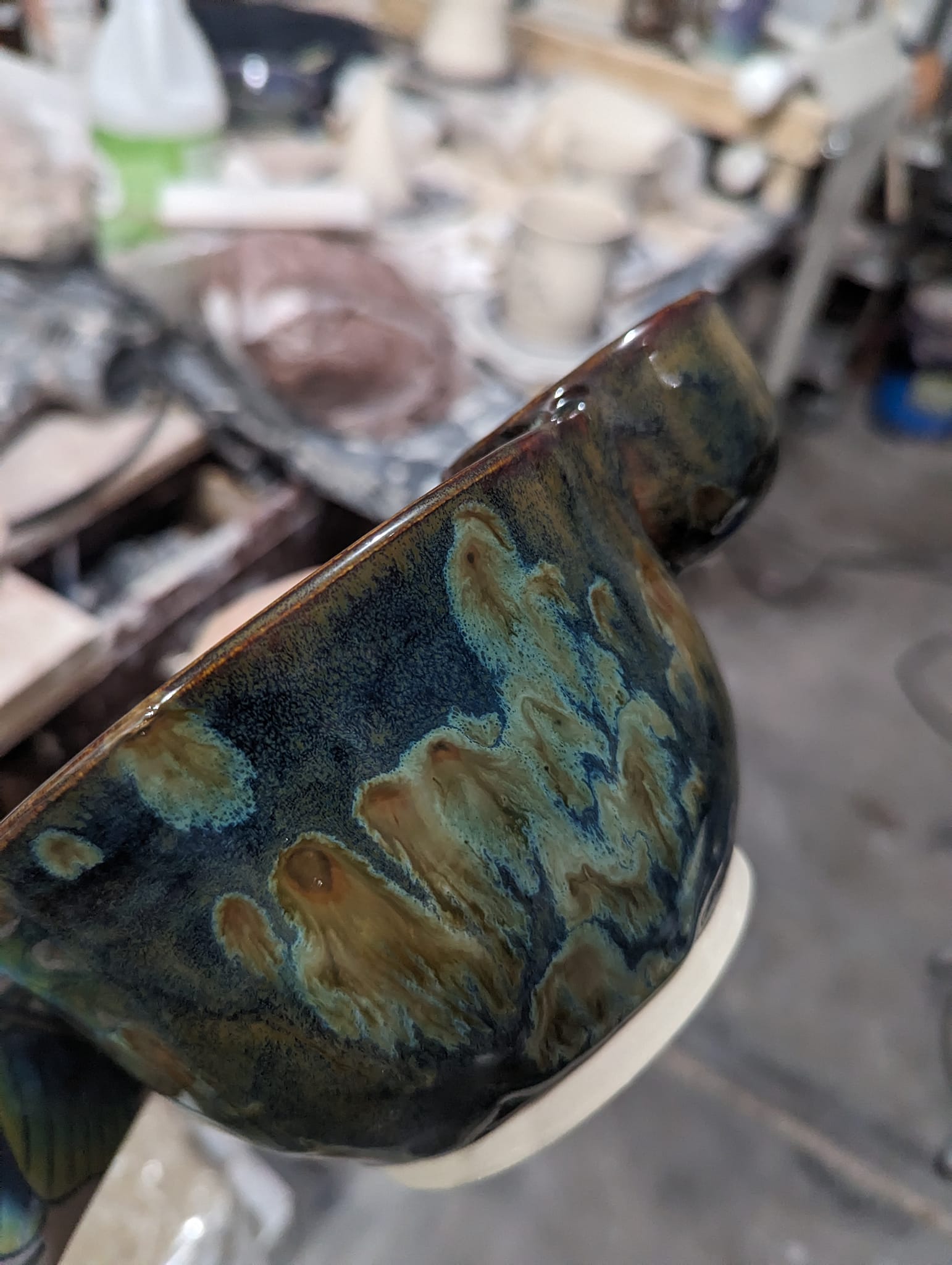 Tiger eye base with olive float over, ice man clay