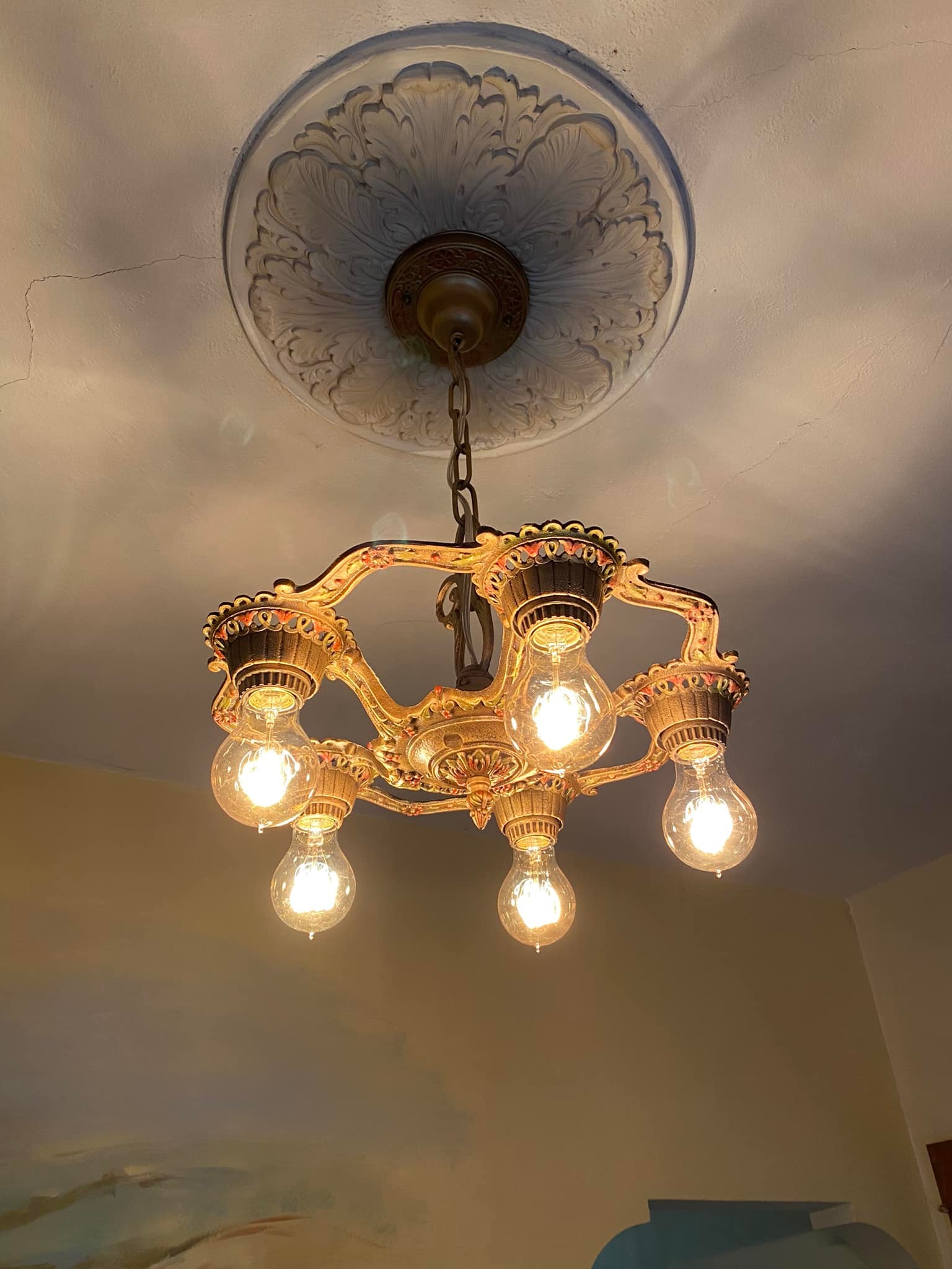 Restored 1920s cast iron chandelier for sale display picture 1