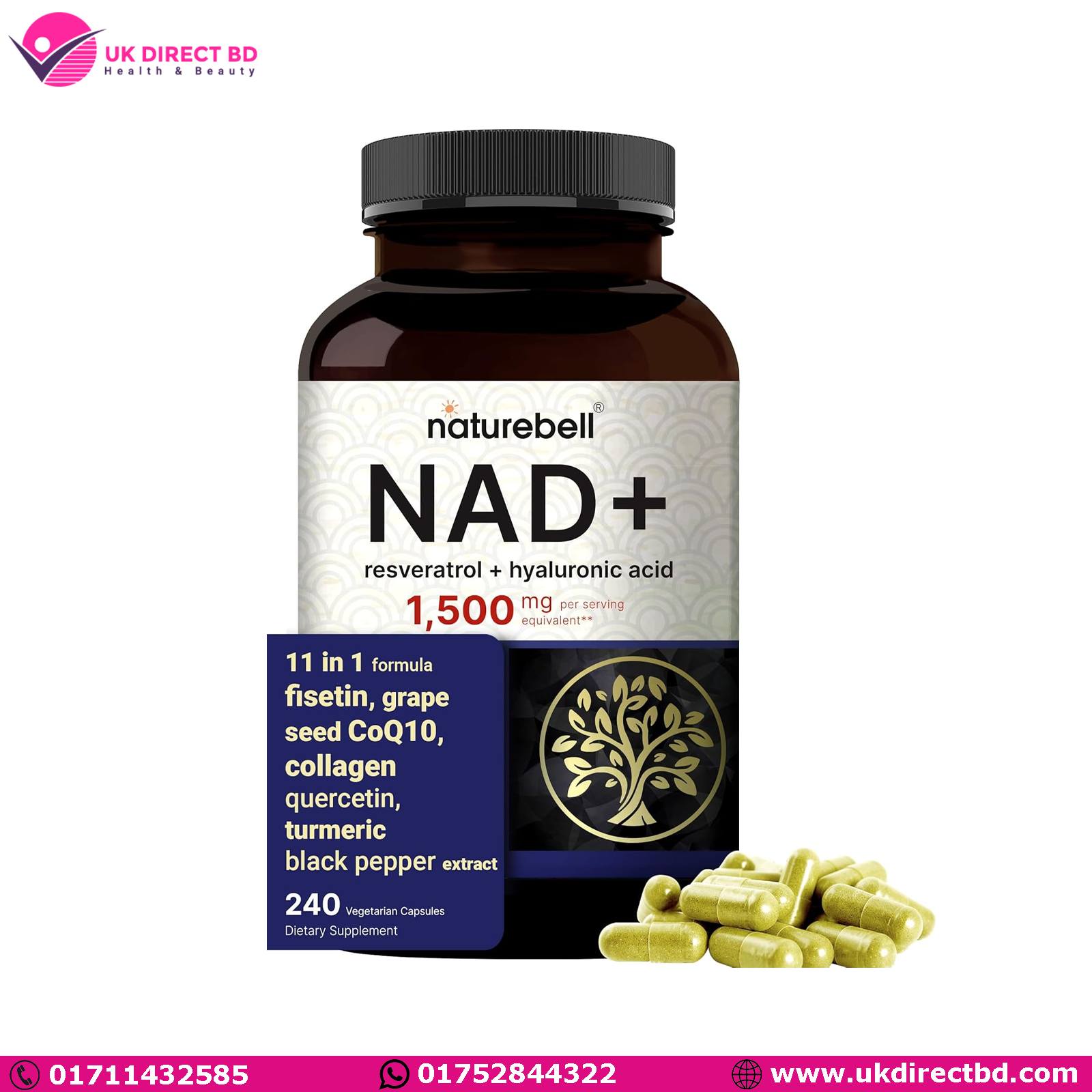 NatureBell NAD+ 1,500mg Per Serving, 240 Veggie Capsules