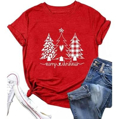 Women's Merry Christmas T-Shirt - Buffalo Plaid Tree Short Sleeve Tee, Holiday Gift Top