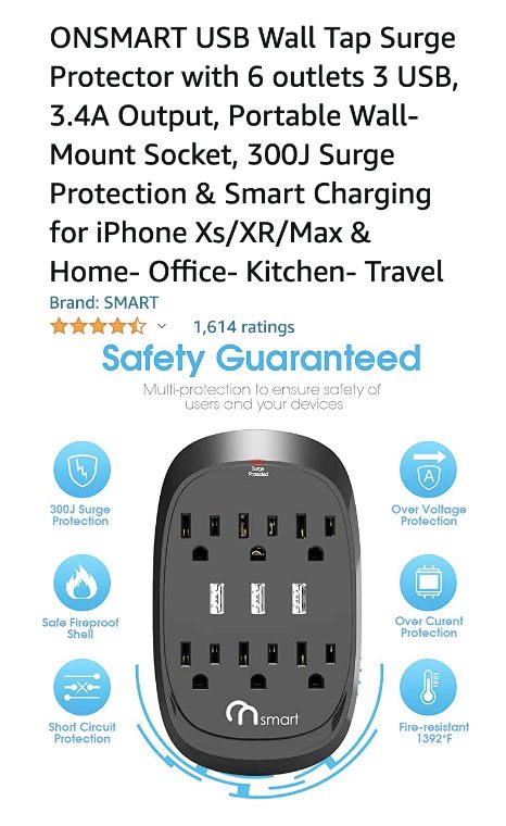 FINEAK - 10 FT Surge Protector Power Strip with 6 Outlets 3 USB Ports - Black