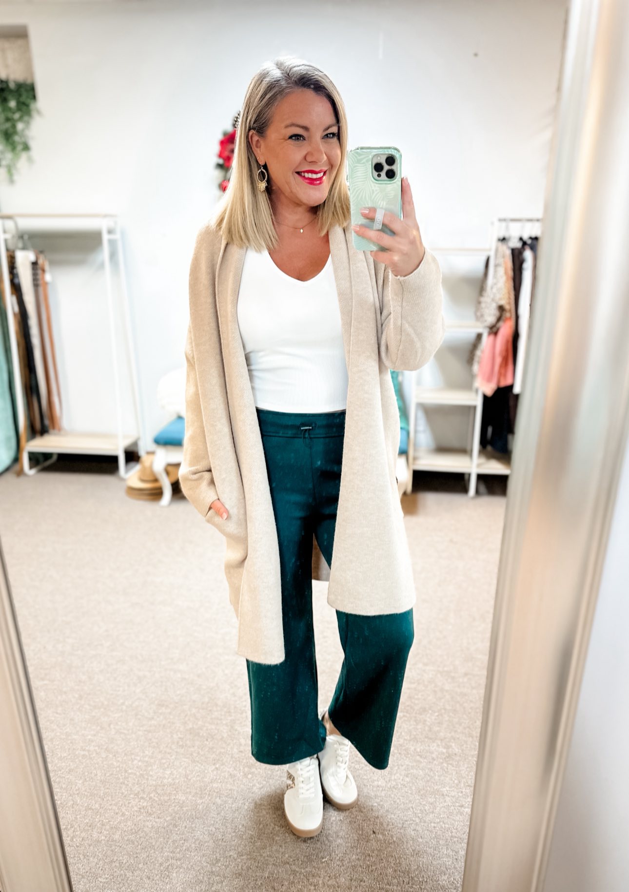 Our green crop soft pants, a ribbed tank and this super soft long 