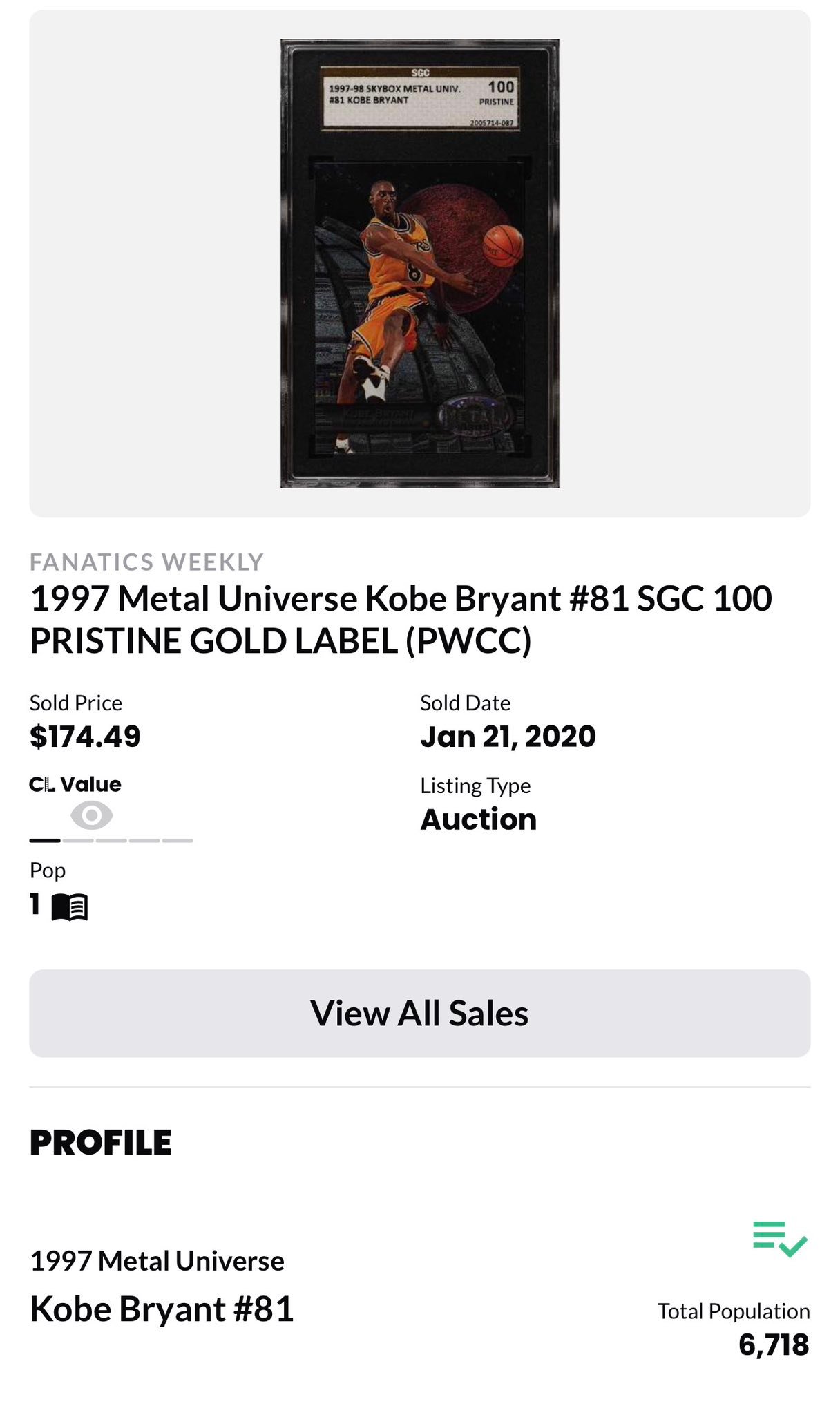 Kobe Bryant 1997 Metal Universe card sold for low price in 2020