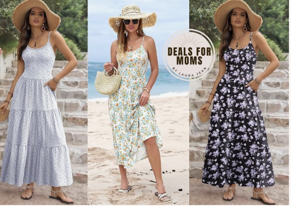 OFEEFAN Women's Summer Maxi Dress - Spaghetti Strap, V-Neck, With Pockets, Ankle Length, Brown, Medium