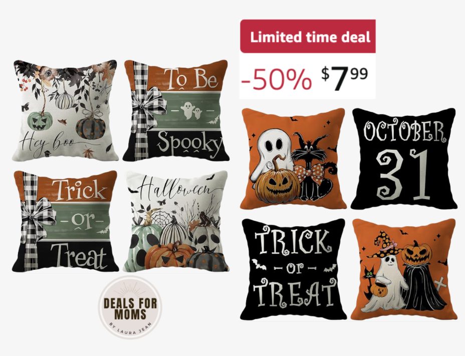 Set Of 4 Halloween Pillow Covers – 18x18 Inch, Orange Black White Green, Farmhouse Vintage Fall Decor