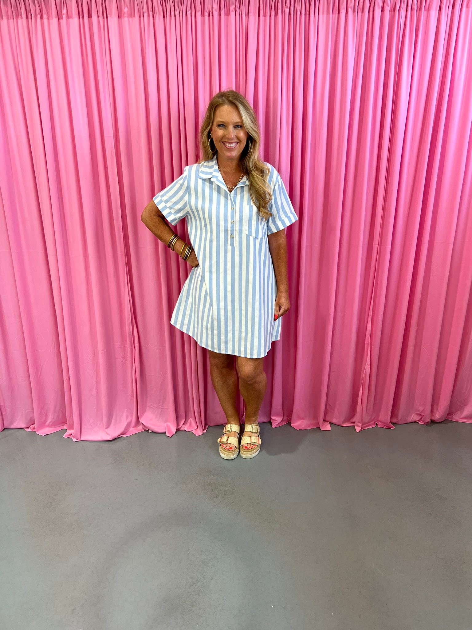 Blue and white striped shirt dress for summer
