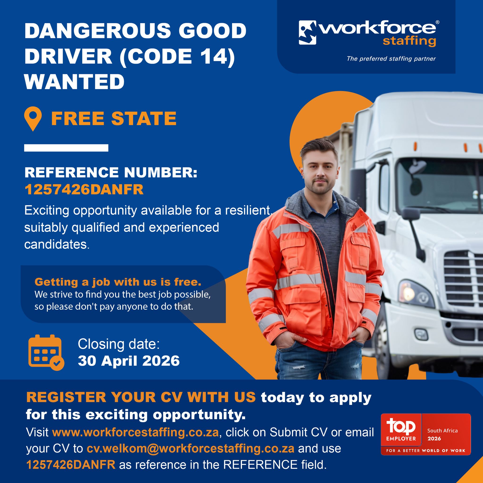 DANGEROUS GOOD DRIVER (CODE 14) WANTED FREE STATE REFERENCE NUMBER 