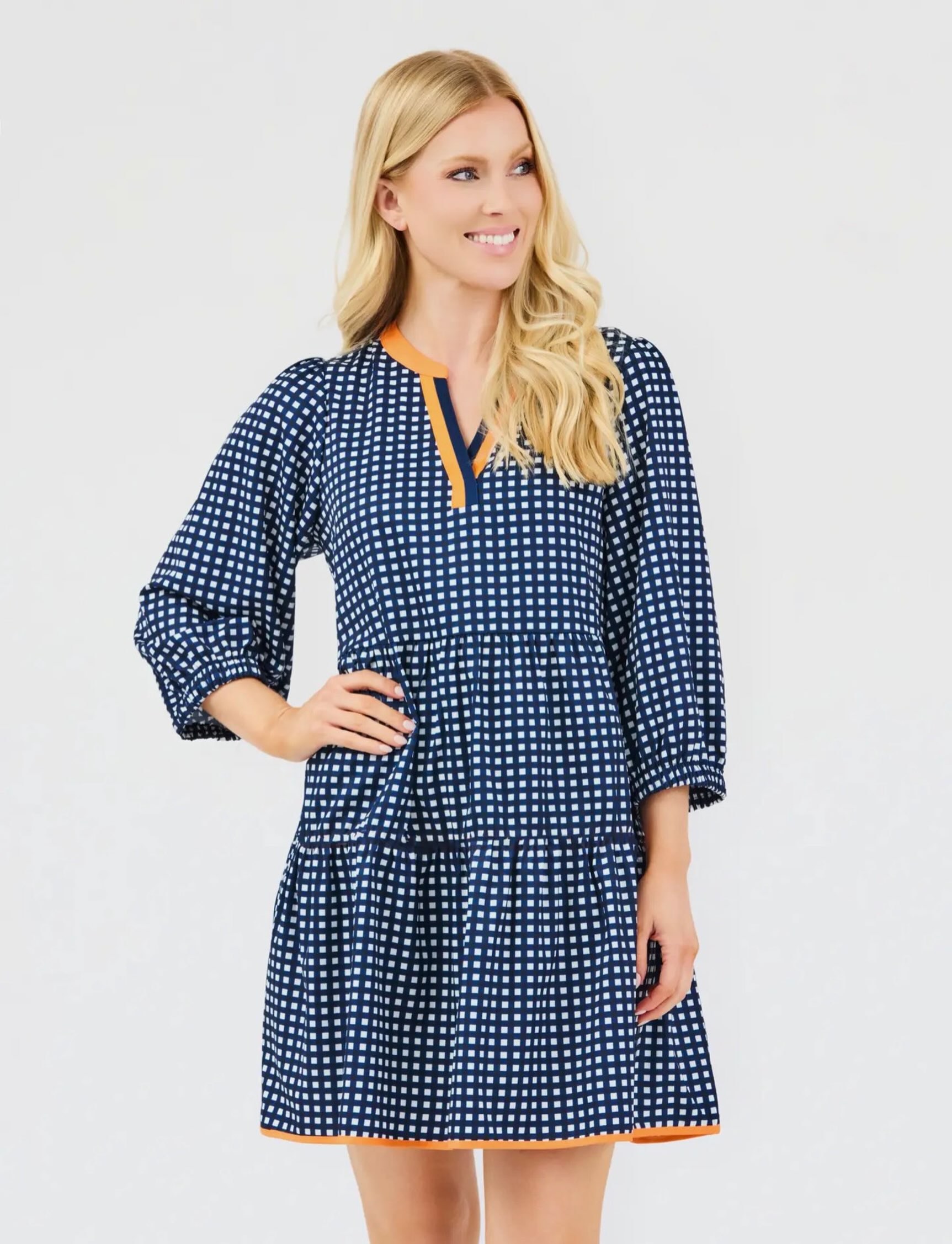 blue and orange game day dresses Auburn dress with navy gingham trim Black Frill Tie Resellers Partytime Color:Iris SAT The Cabana Life Burnt