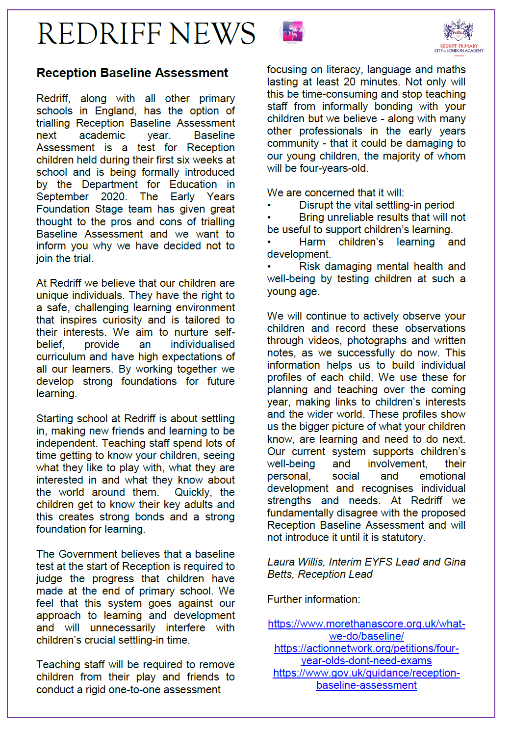 SEND in the Early Years - Redriff Primary School have sent this letter ...