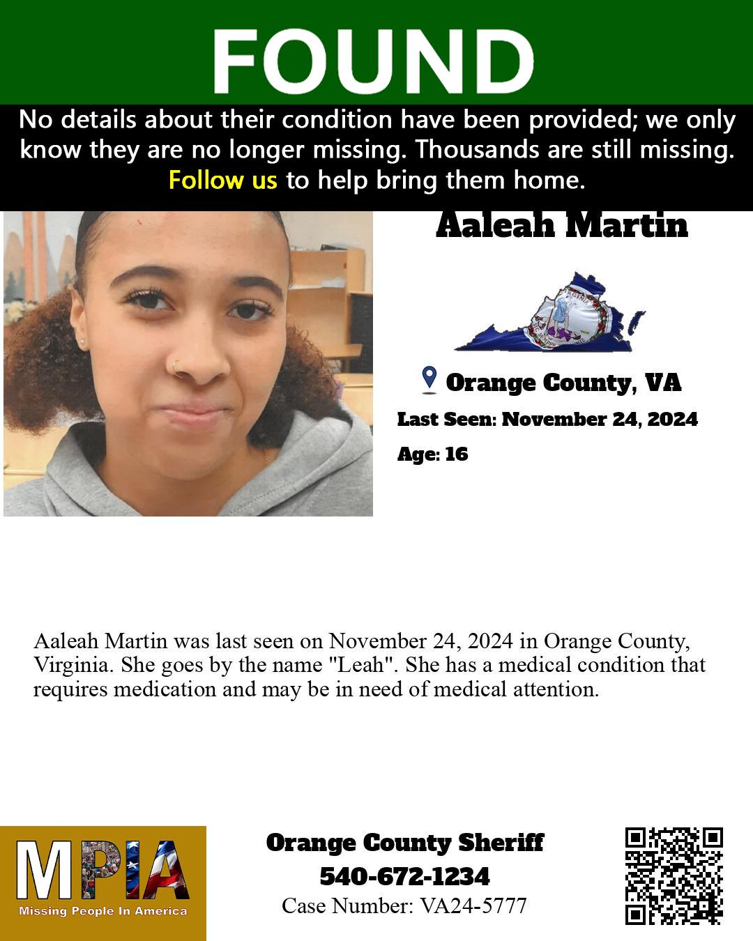 Missing - UPDATE FOUND Removed from NCMEC Aaleah Martin was last seen ...