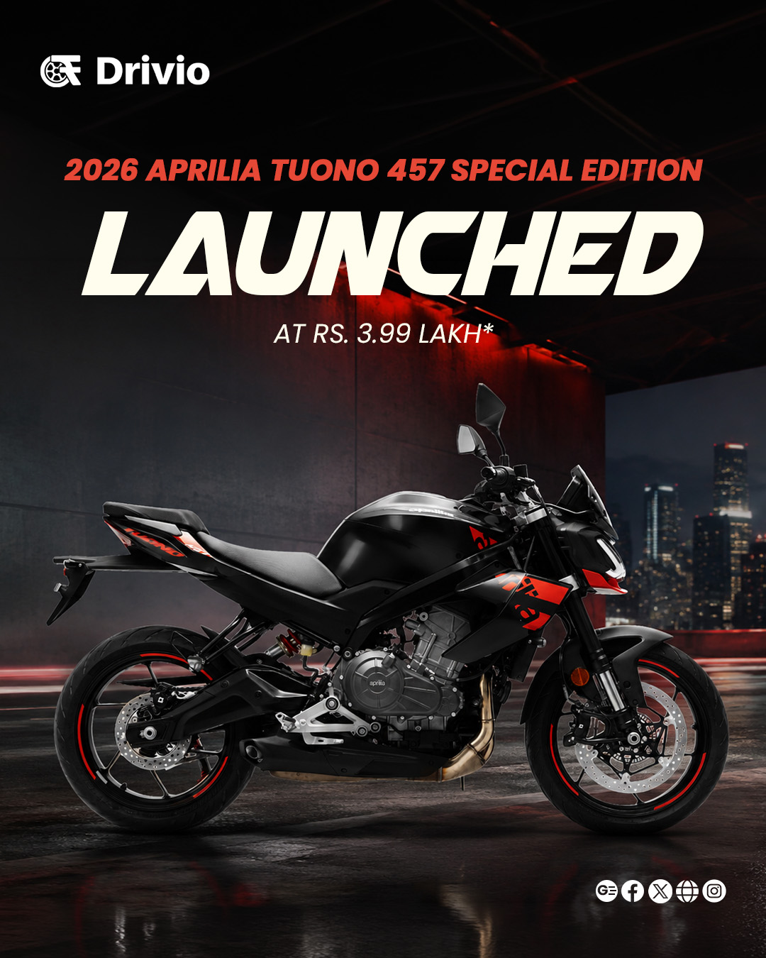 ₹3.99 lakh. 47.6 PS. 43.5 Nm. The 2026 Aprilia Tuono 457 Special