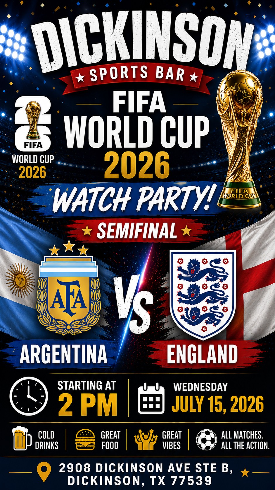 FIFA World Cup 2026 semifinal watch party at Dickinson, TX Sports Bar