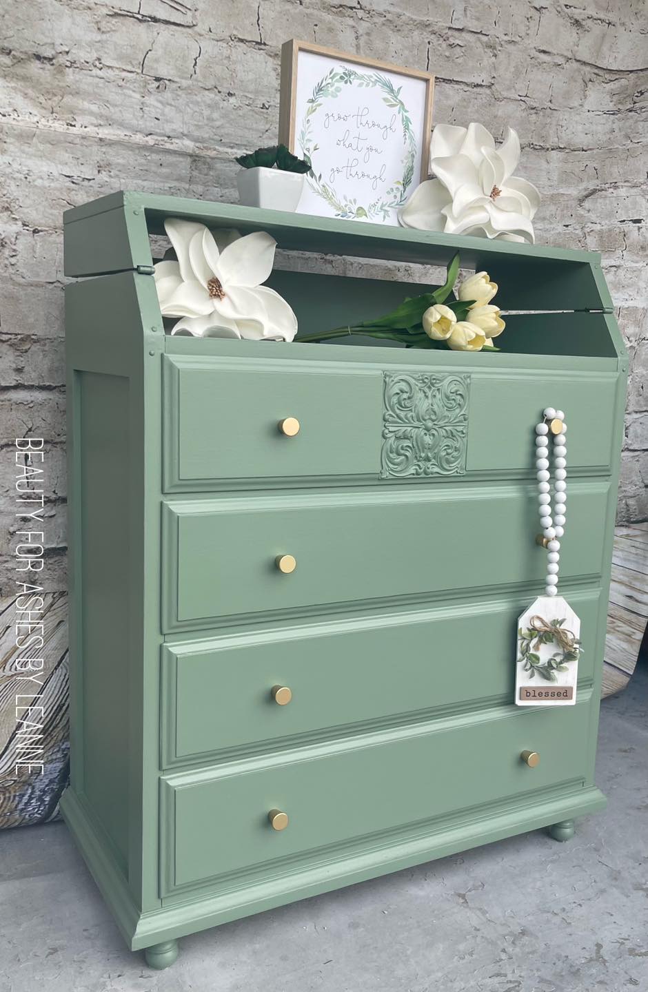 green dresser changing table Thai Basil nursery with Mid century