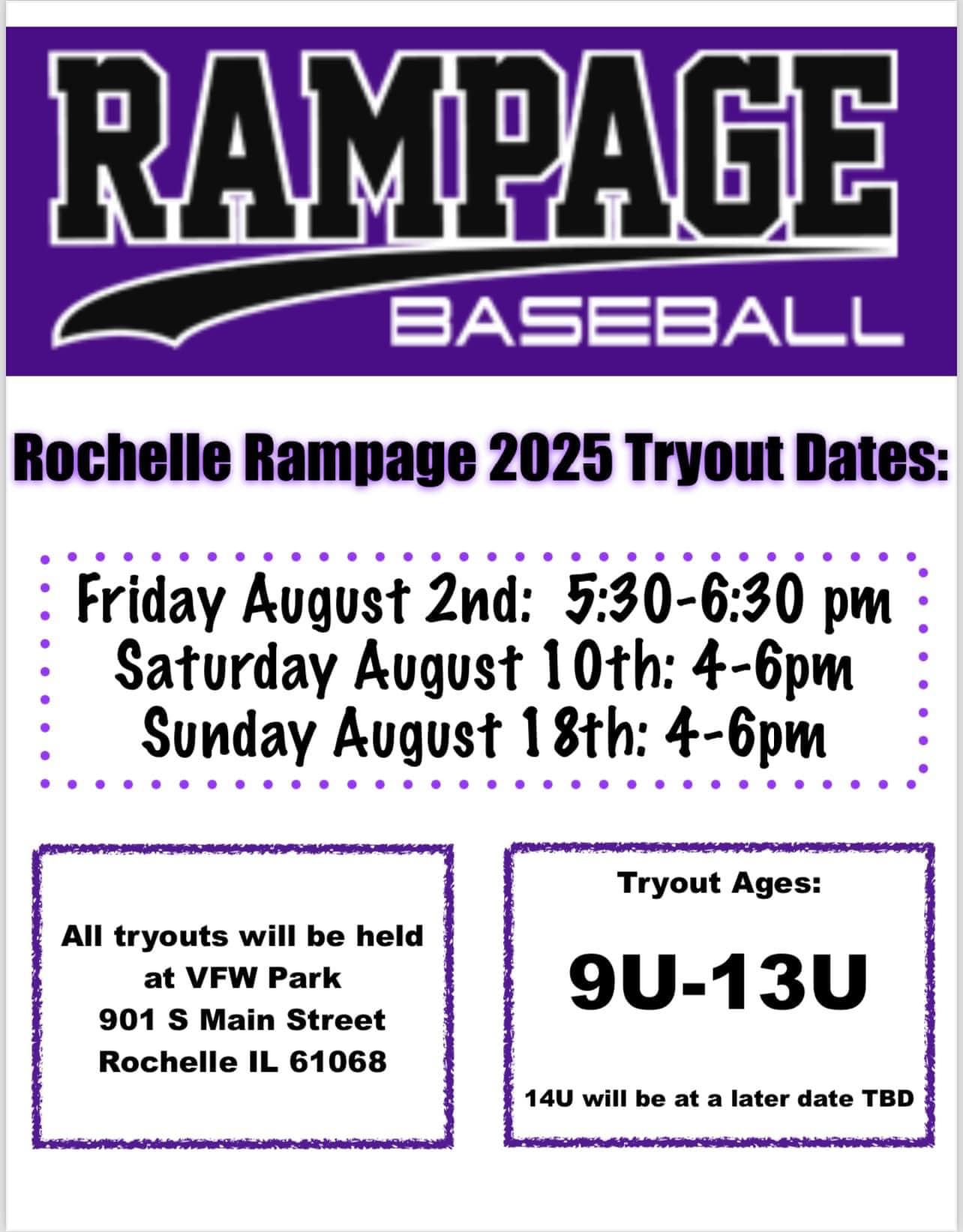 ‼️REMINDER‼️ LAST tryout for... - Rochelle Rampage Baseball | Facebook