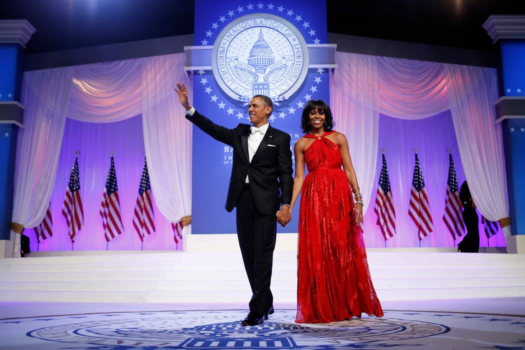 lady in red dress at inauguration A first lady's inaugural ball can say a lot about her agenda, as well as the political climate of the new administration. Clockwise from left: Arnold Constable; Ira Schwarz/Associated Press; Bettmann/Corbis Faithe