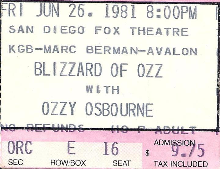 Ozzy - Friday June 26, 1981 - Fox Theatre - San Diego, CA