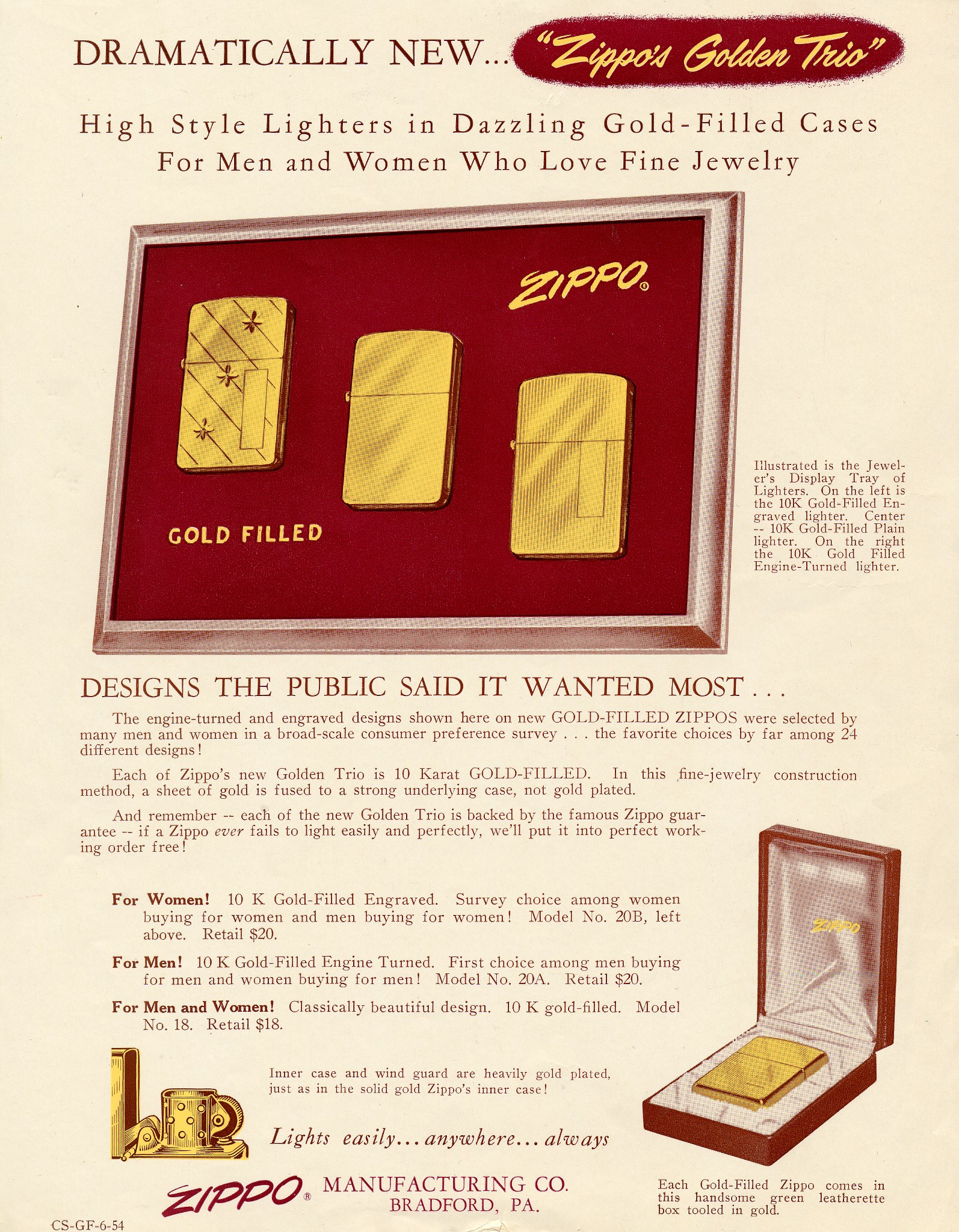 Zippo - In 1954 Zippo came out with the 10-karat gold filled
