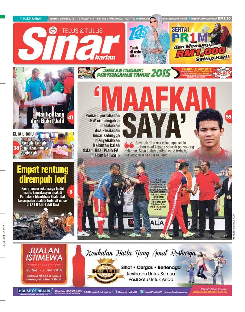 Sinar Harian Antara Tajuk Utama Sinar Harian Edisi Kelantan Esok Maafkan Saya Maut Pulang Dari Bukit Jalil Dapatkan Naskhah Anda Shmukadepan Shonline Facebook