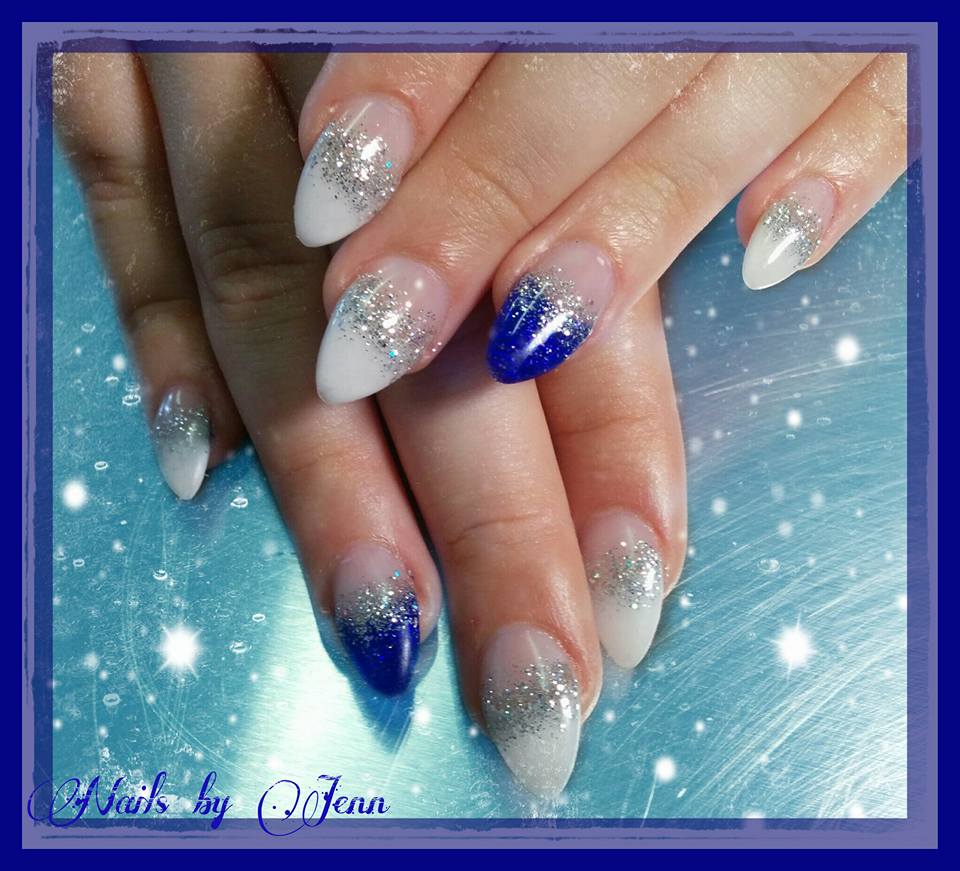 What color nail polish goes with a blue sequined formal dress?