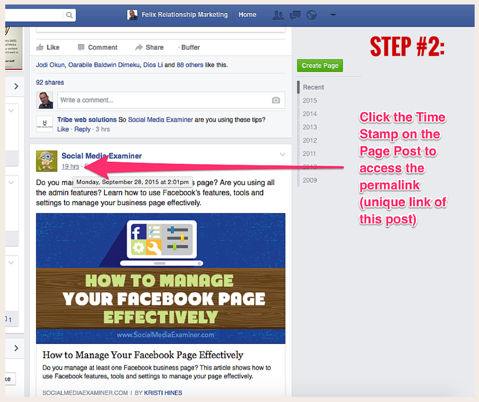 Social Media Examiner - Step 2: click the unique timestamp on the Page ...