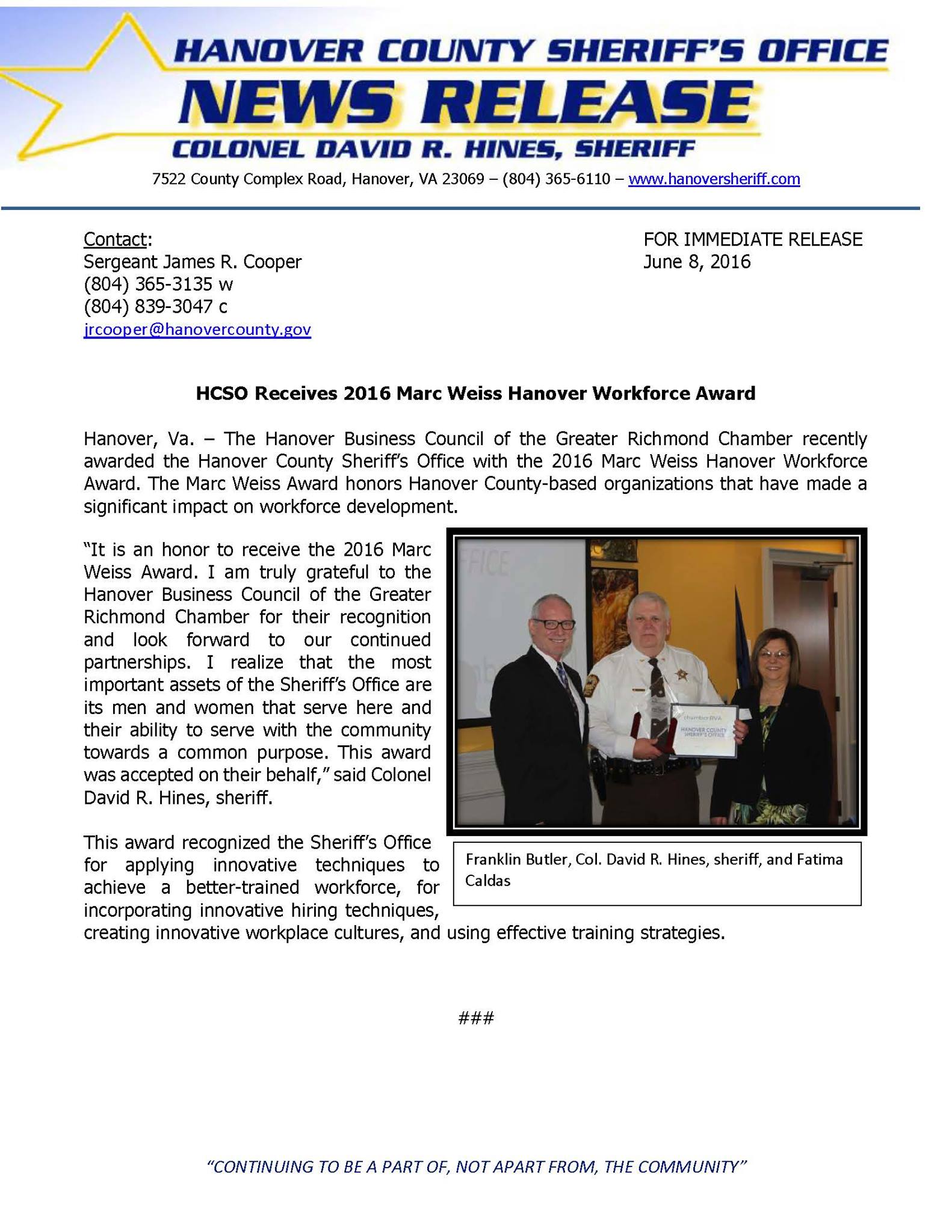 HCSO Receives 2016 Marc... - Hanover County Sheriff's Office | Facebook