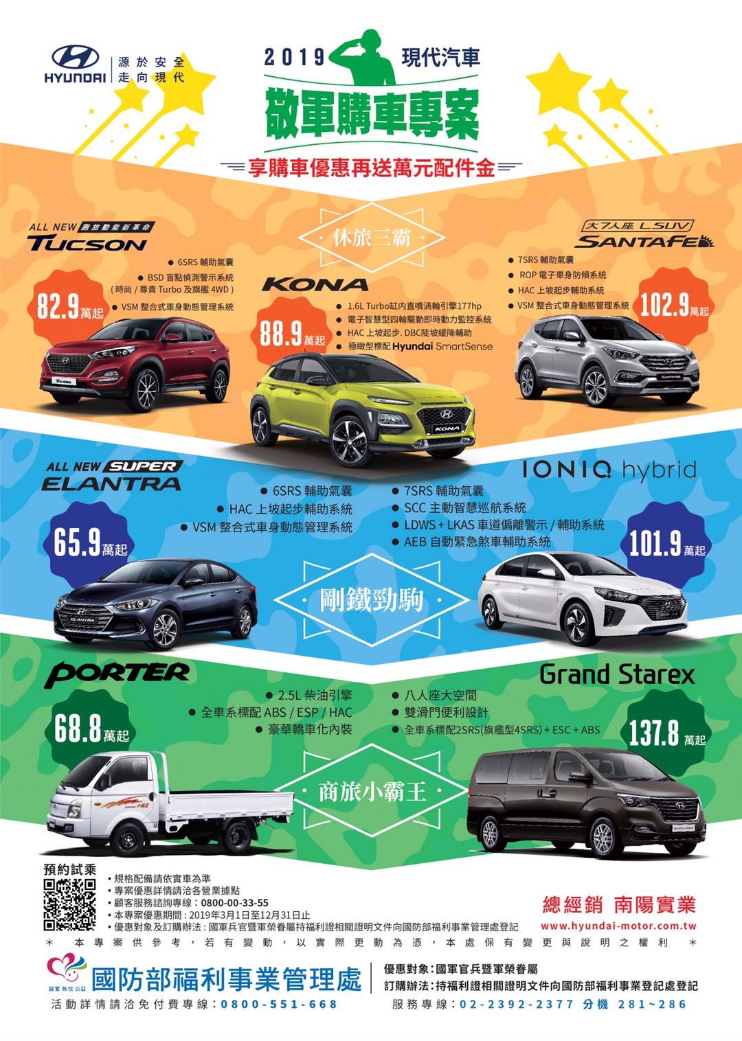 國軍福利站 2019年 現代汽車 敬軍購車優惠專案來囉 本次優惠車種區分為三類 休旅三霸 Facebook