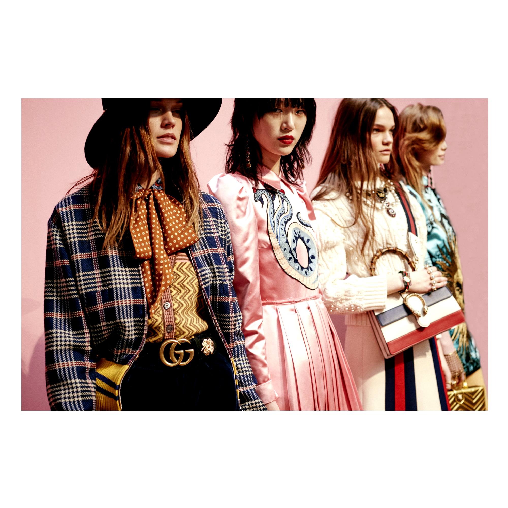Gucci Editorials A leather oversize bomber jacket styled with a 