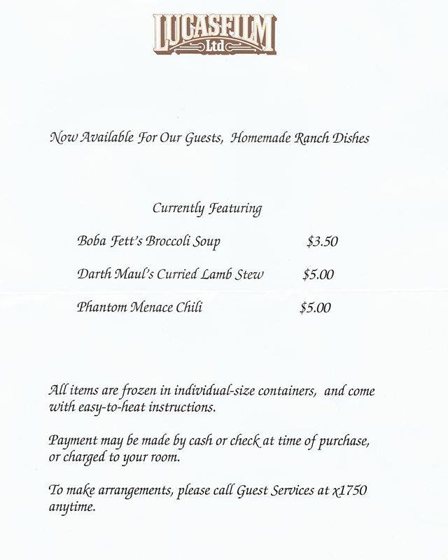 Kevin - This was the in-room menu at Skywalker Ranch the week I got ...