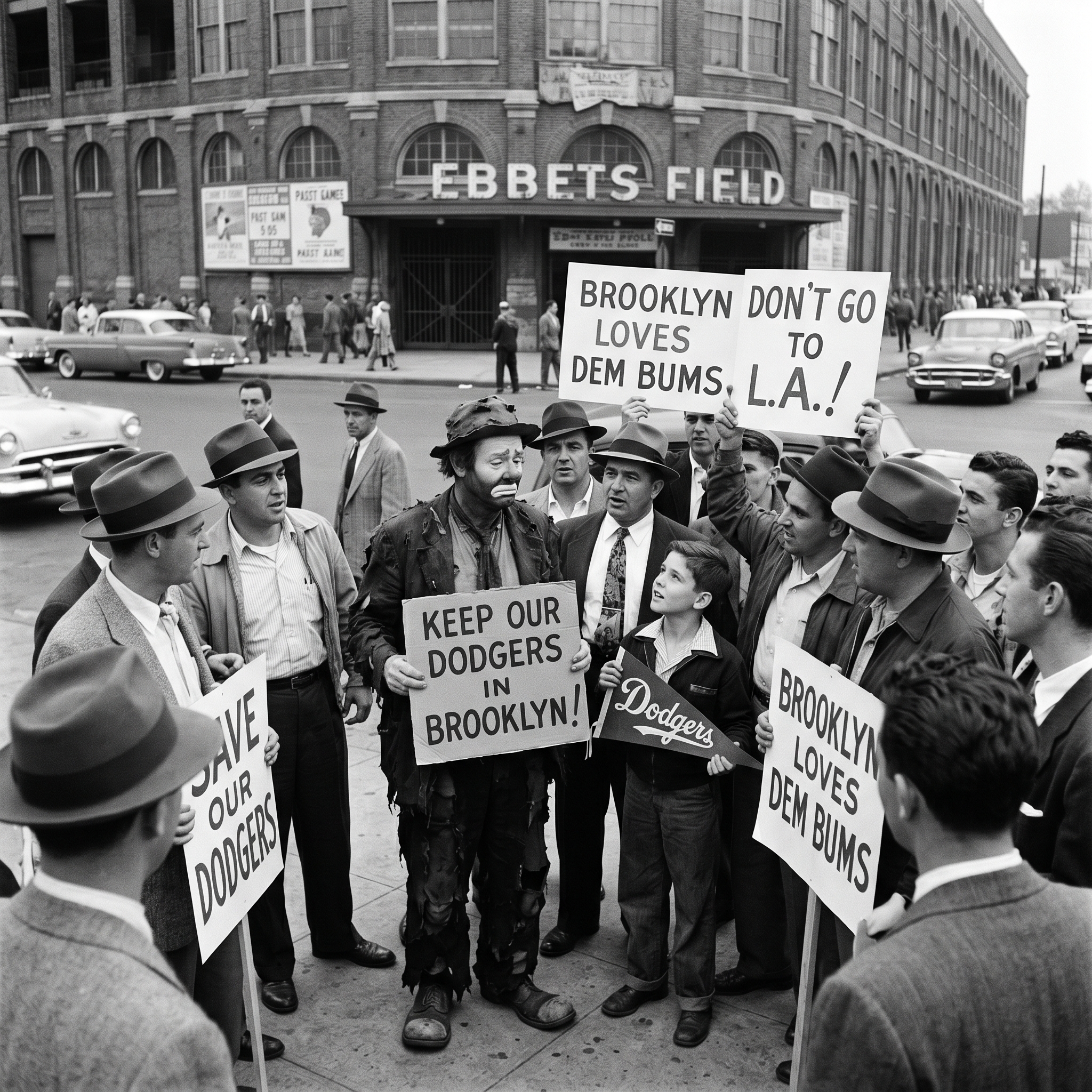 Clown Emmett Kelly and fans show their support for keeping the