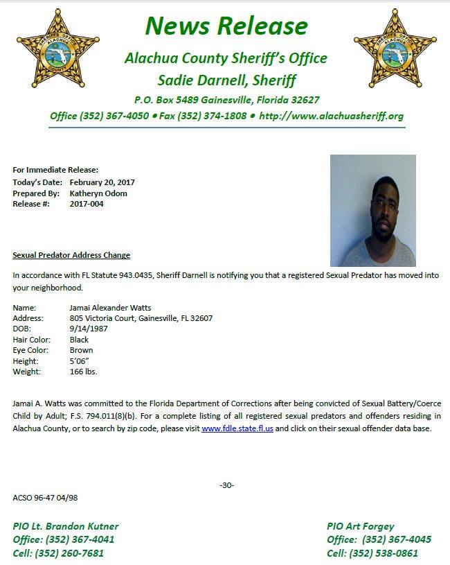 Alachua - ***SEXUAL PREDATOR CHANGE OF ADDRESS NOTIFICATION