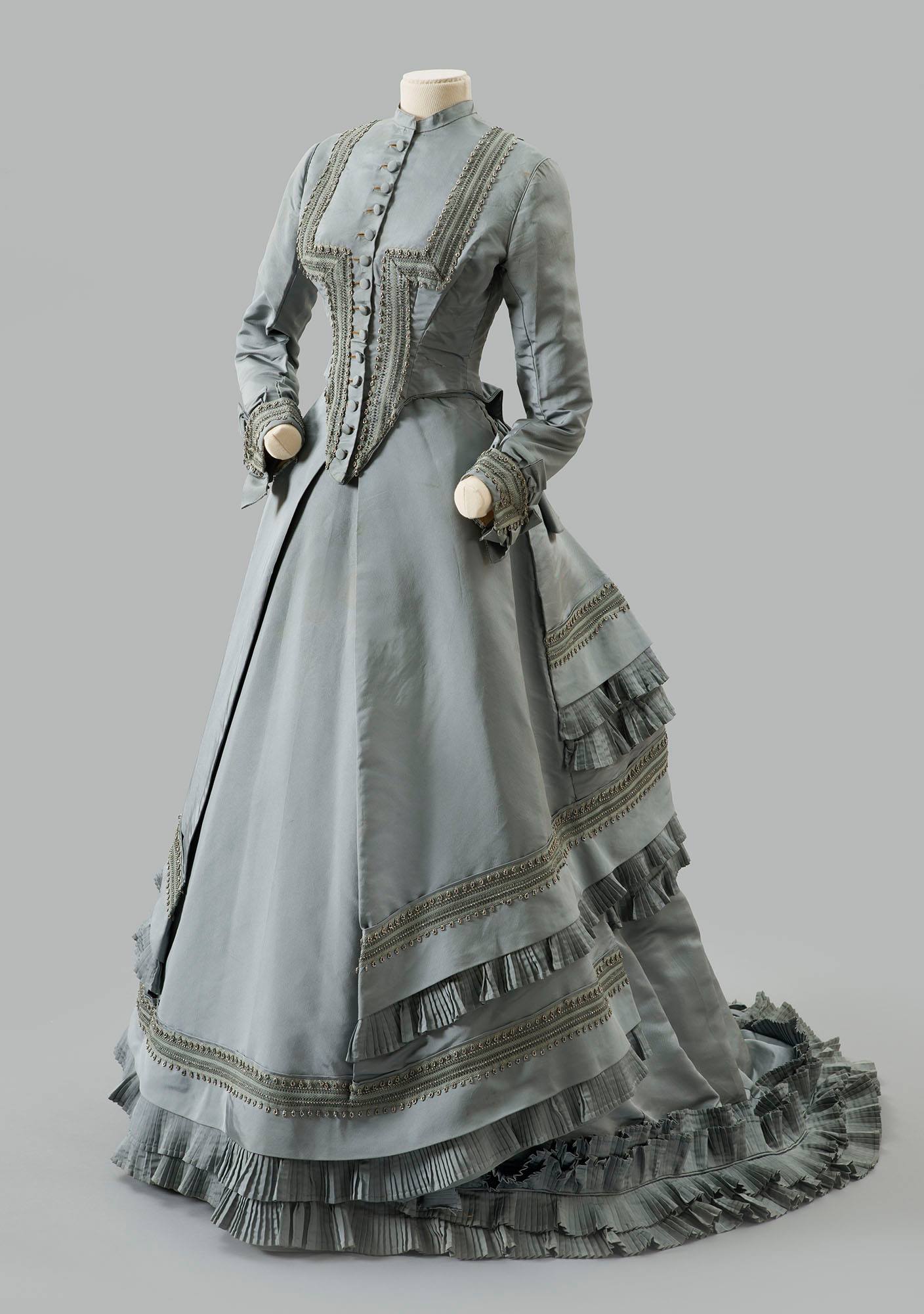 grey victorian dress era blue visiting by House of Worth types of medieval dresses