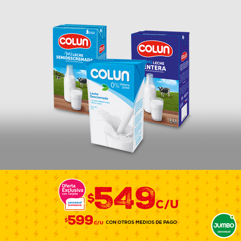 Jumbo - Leche entera, semi o descremada Colun 1L $549 c/u pagando con ...