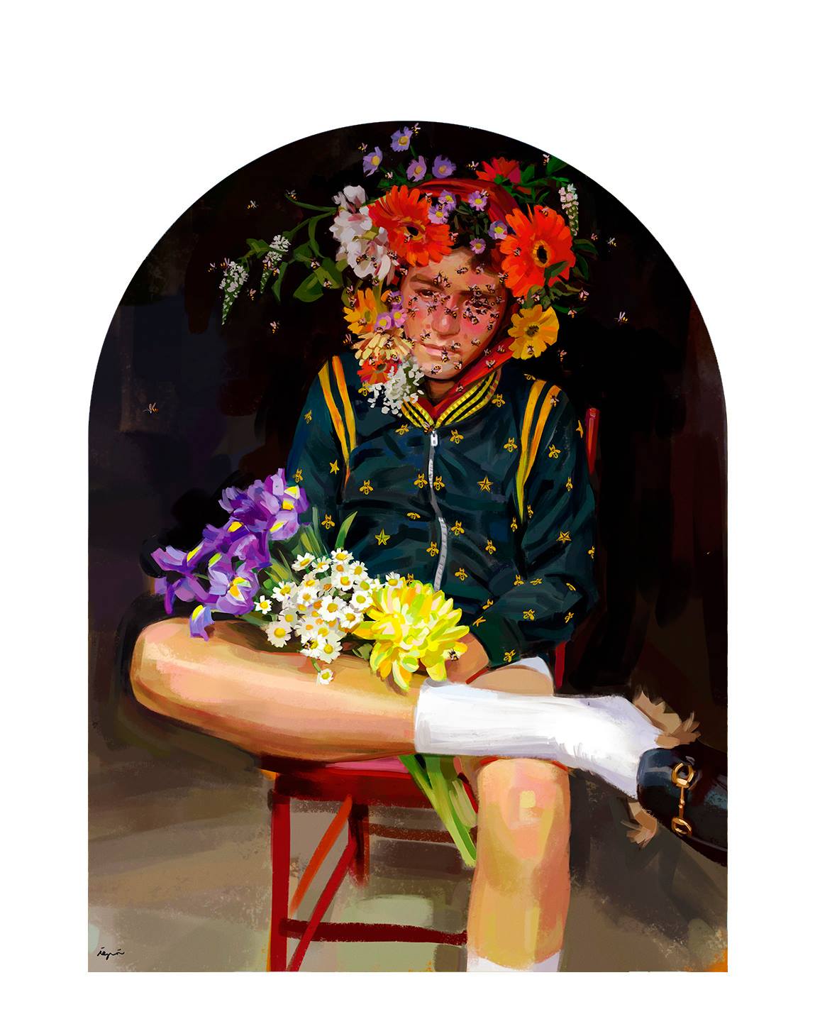 Blooms and bees in an artwork by Ignasi Monreal for Gucci Gift. A