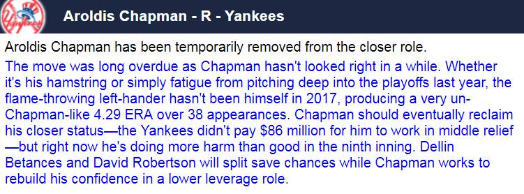J.D. - Aroldis Chapman has been temporarily removed from the closer ...