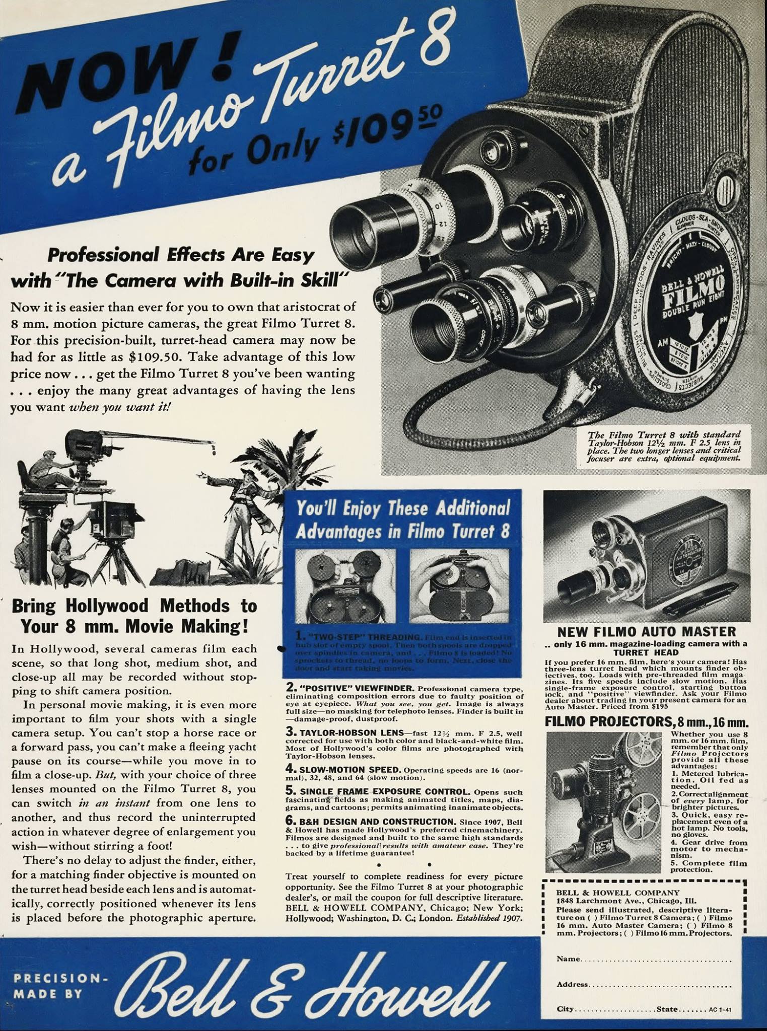 Bell & Howell 8mm camera model 134 c.1939. 3 lens turret well made.