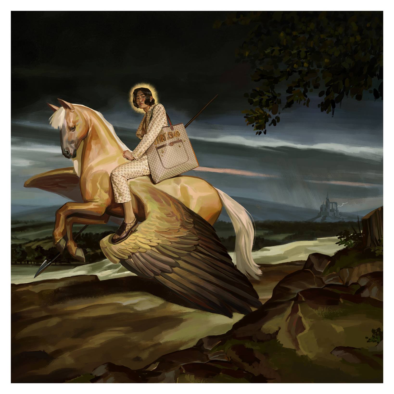 Riding a flying horse, a man wearing a suit featuring a repetitive