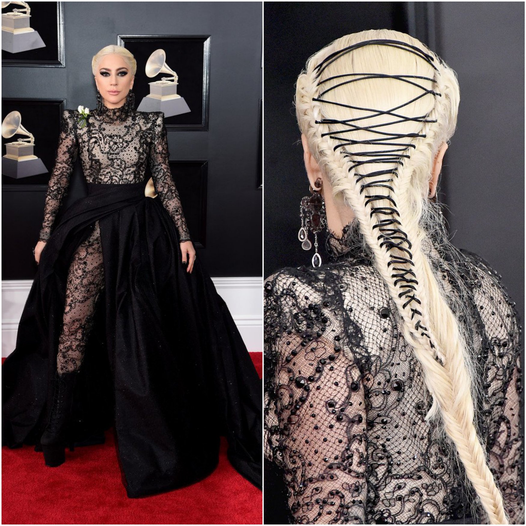 lady gaga black dress 2018 Wearing a black, ruffled feather gown by Matières Fécales, brought drama and glamor to the Grammys red carpet _okendo:syndication_key:CL126726002