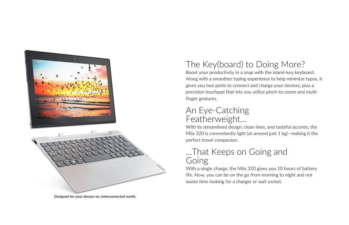 PC Portable Hybride Lenovo Miix 320-10ICR - Intel 1.44Ghz, 2Go RAM, 32Go SSD - Occasion