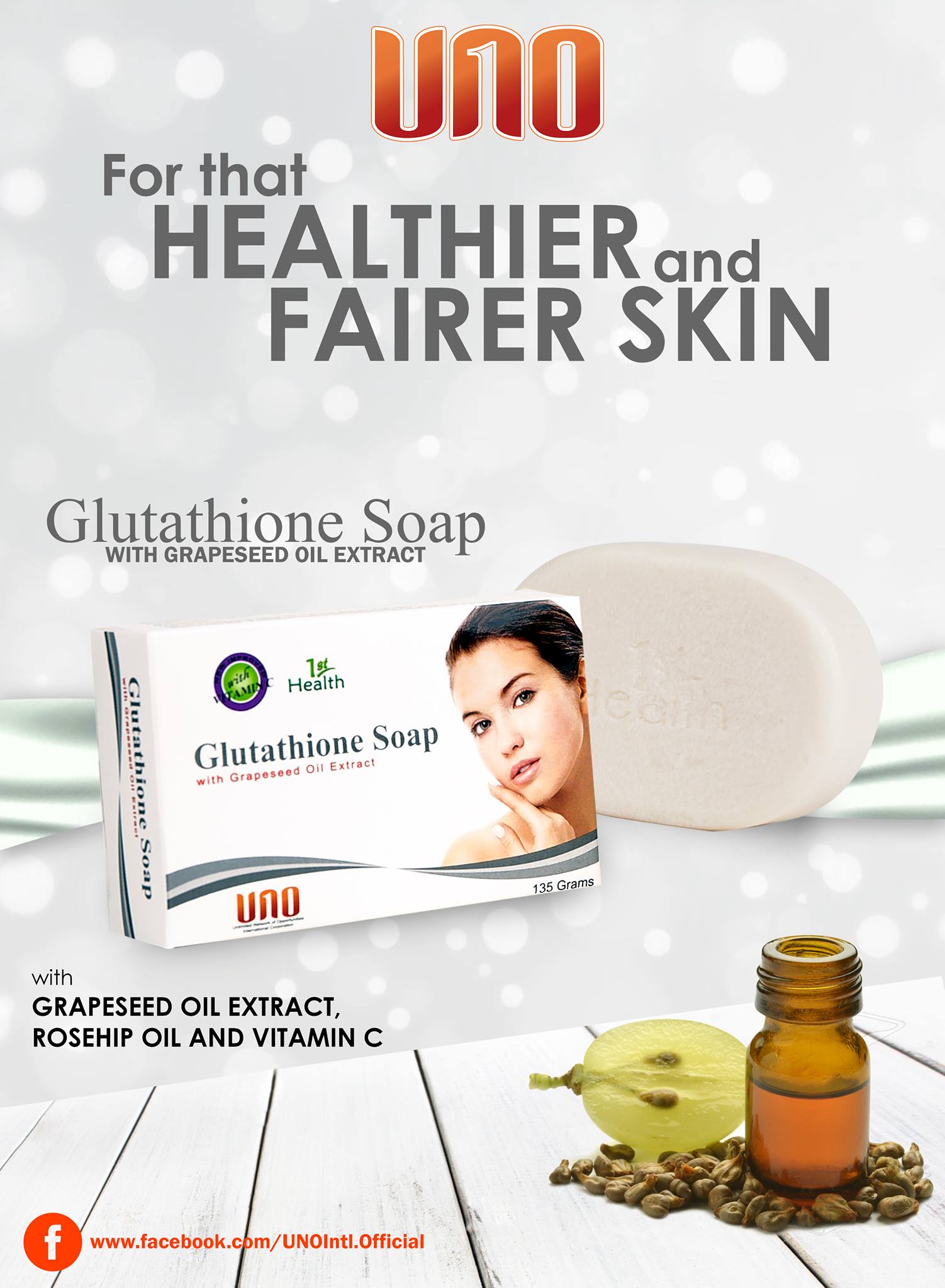 uno glutathione soap contains ingredients that promotes skin whitening and can delay skin ageing. With daily use, it beautifies the skin and maintains its radiance. Rush now to your nearest UNO Branches 99% Purity