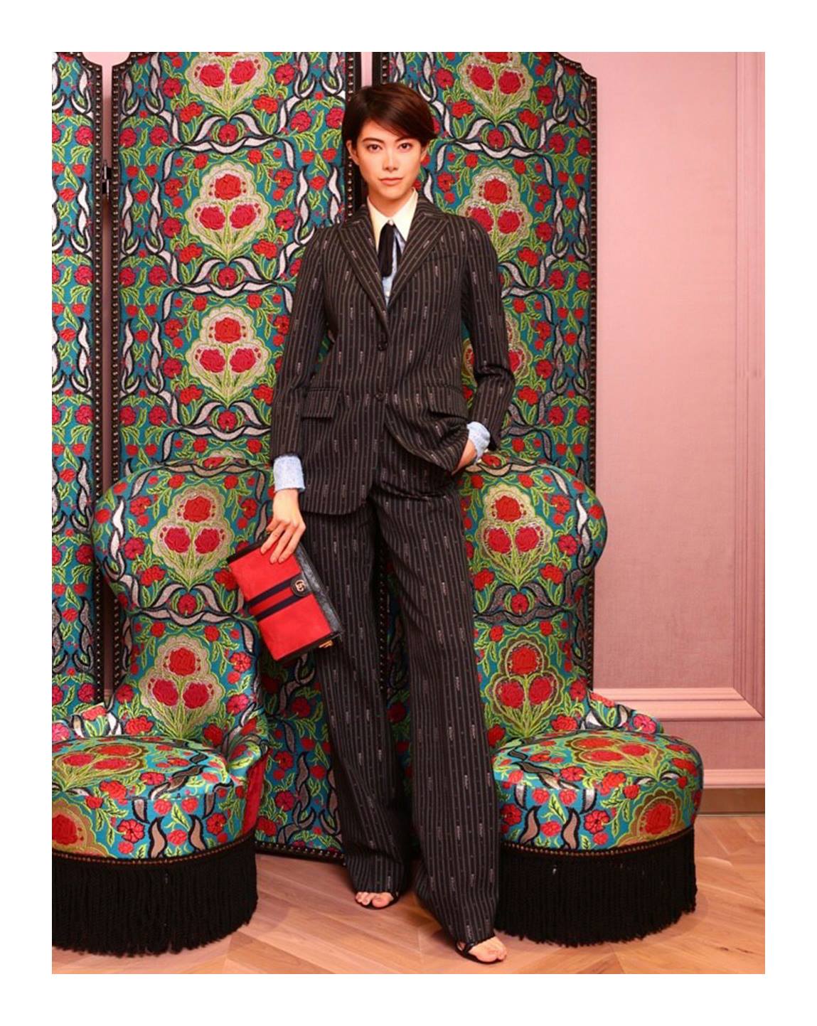 A guest at the reopening of the new Gucci Aoyama boutique in Tokyo
