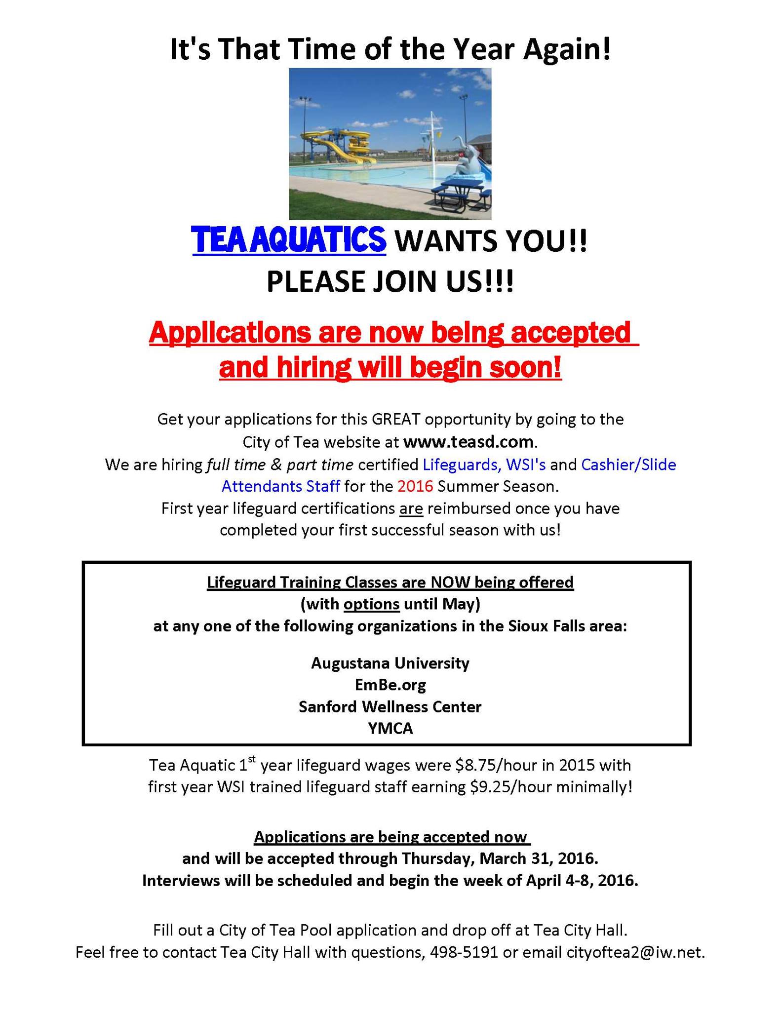 Tea Pool is now hiring lifeguards and... - Tea South Dakota | Facebook